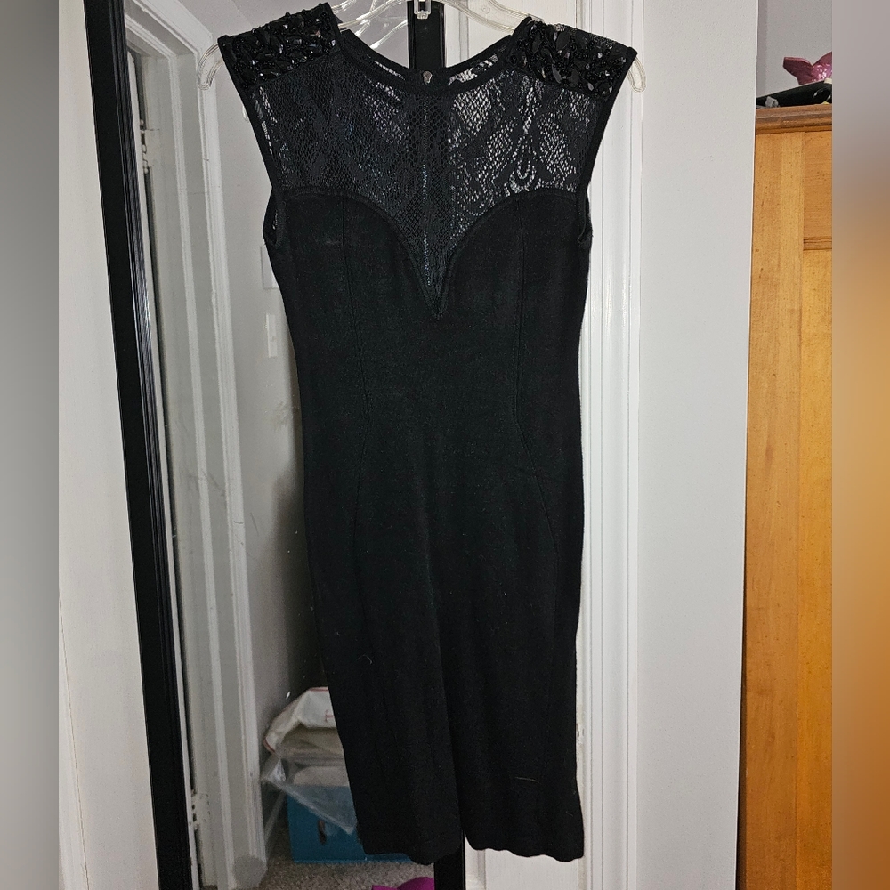 Black Lace Jeweled Mini Dress